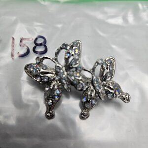 SMALL DOUBLE BUTTERFLY BROOCH, SILVER-TONES METAL & RHINESTONE